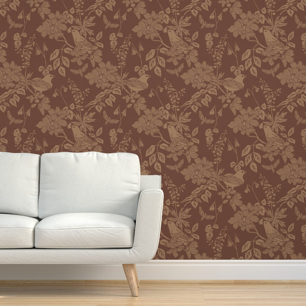 Western Birds and Flowers wallpaper in Saddle styled in a living room interior — leather brown wallpaper by Pine + Feather Studio