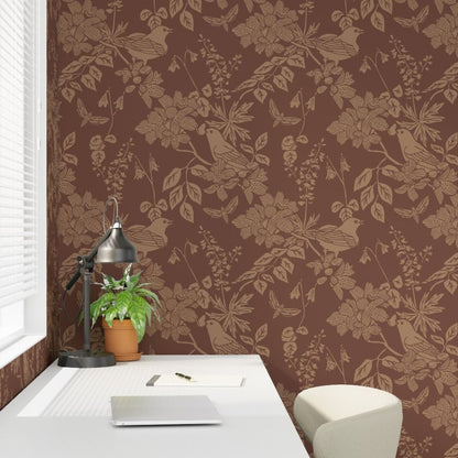 Western Birds and Flowers wallpaper in Saddle styled in a office study room interior — leather brown wallpaper by Pine + Feather Studio