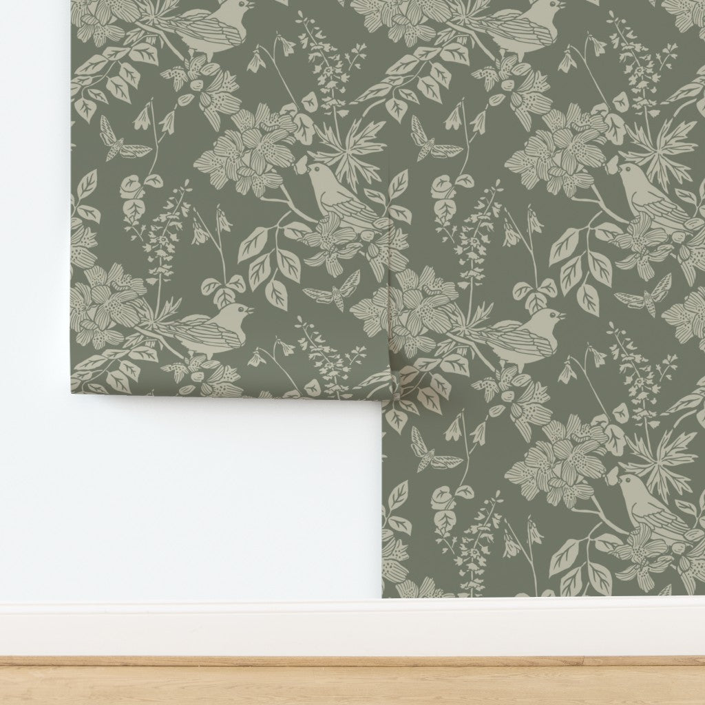 Western Birds and Flowers wallpaper in Sage Hollow — sage green wallpaper by Pine + Feather Studio