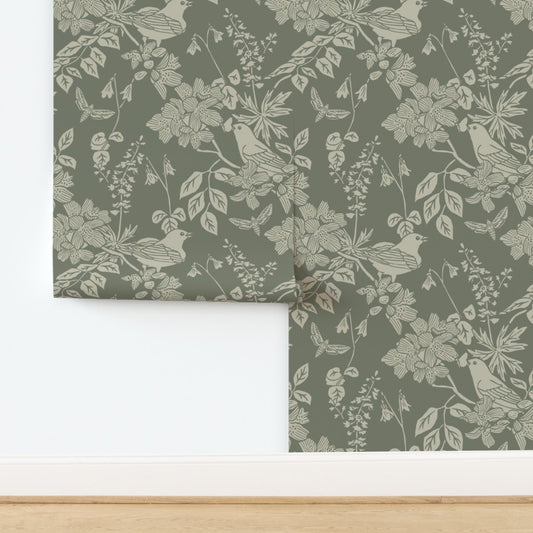 Western Birds and Flowers wallpaper in Sage Hollow — sage green wallpaper by Pine + Feather Studio
