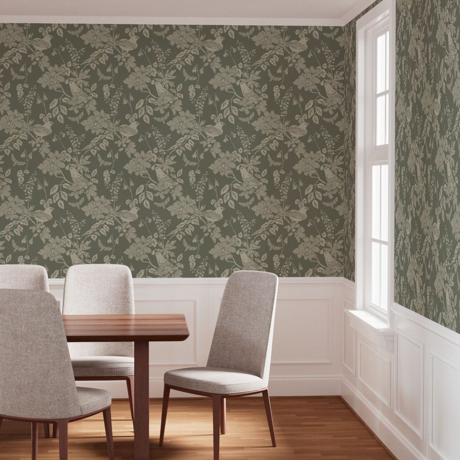 Western Birds and Flowers wallpaper in Sage Hollow styled in a dining room interior — sage green wallpaper by Pine + Feather Studio