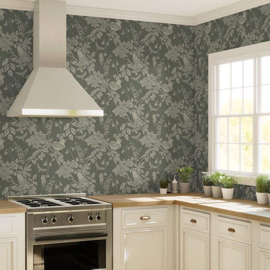 Western Birds and Flowers wallpaper in Sage Hollow styled in a kitchen interior — sage green wallpaper by Pine + Feather Studio
