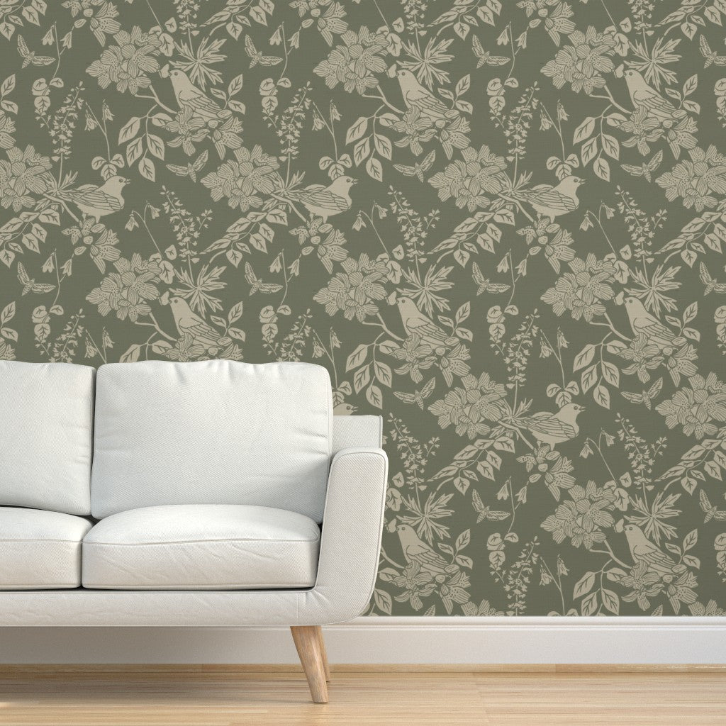 Western Birds and Flowers wallpaper in Sage Hollow styled in a living room interior — sage green wallpaper by Pine + Feather Studio