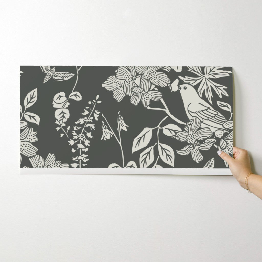 Western Birds and Flowers wallpaper swatch in Forest Frost — dark botanical wallpaper by Pine + Feather Studio