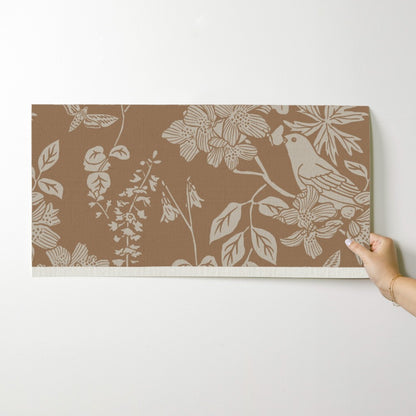 Western Birds and Flowers wallpaper swatch in Harvest Fog — yellow tan wallpaper by Pine + Feather Studio