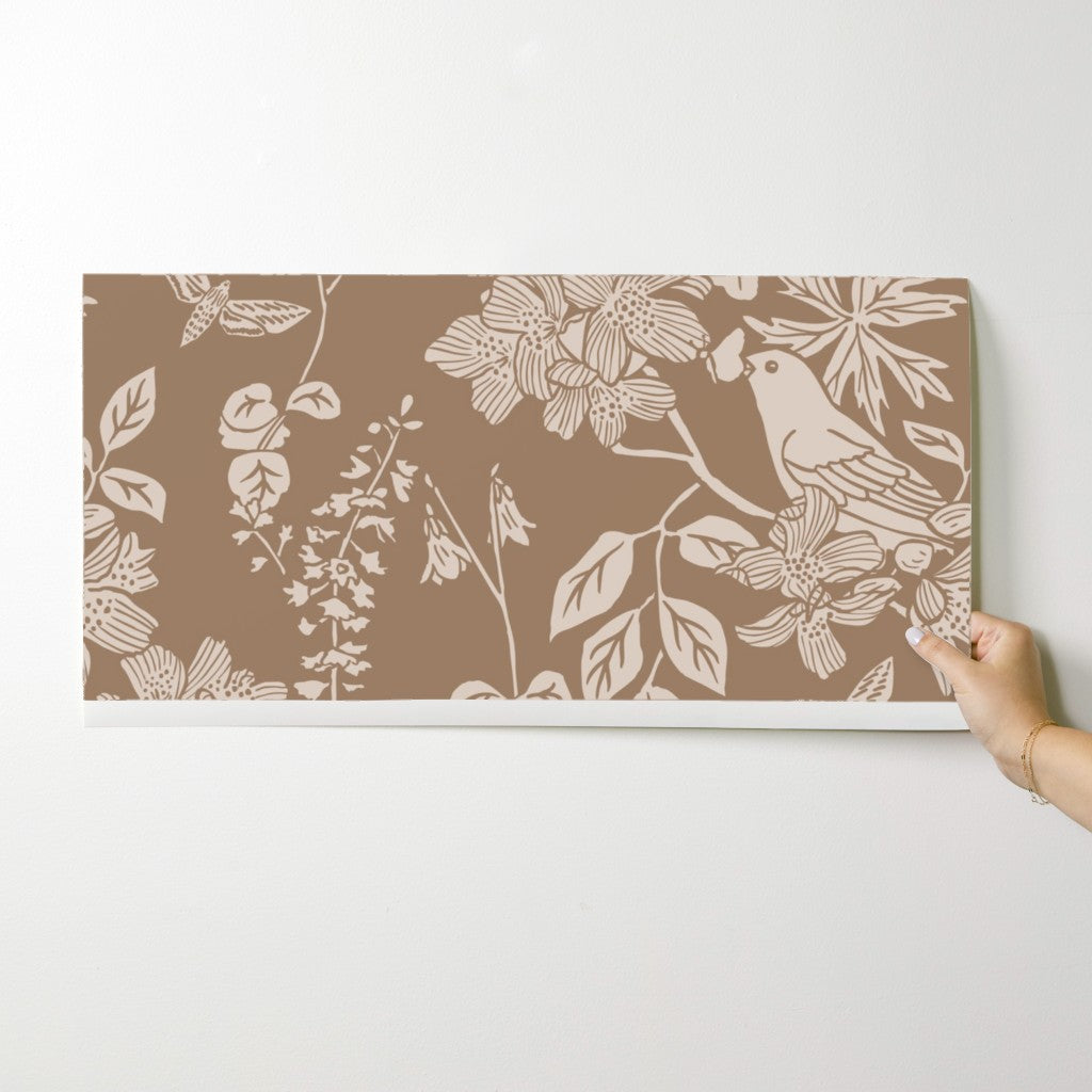 Western Birds and Flowers wallpaper swatch in Harvest Rose — warm cream wallpaper by Pine + Feather Studio