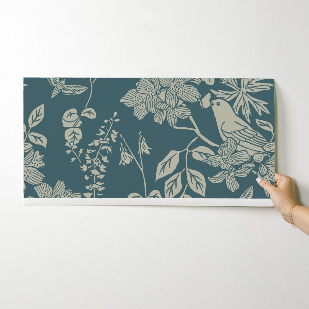 Western Birds and Flowers wallpaper swatch in Jewel Canyon — dark teal wallpaper by Pine + Feather Studio