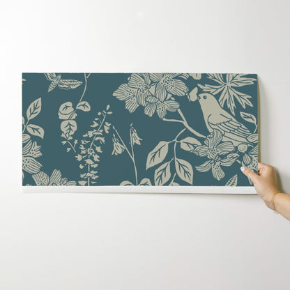 Western Birds and Flowers wallpaper swatch in Jewel Canyon — dark teal wallpaper by Pine + Feather Studio
