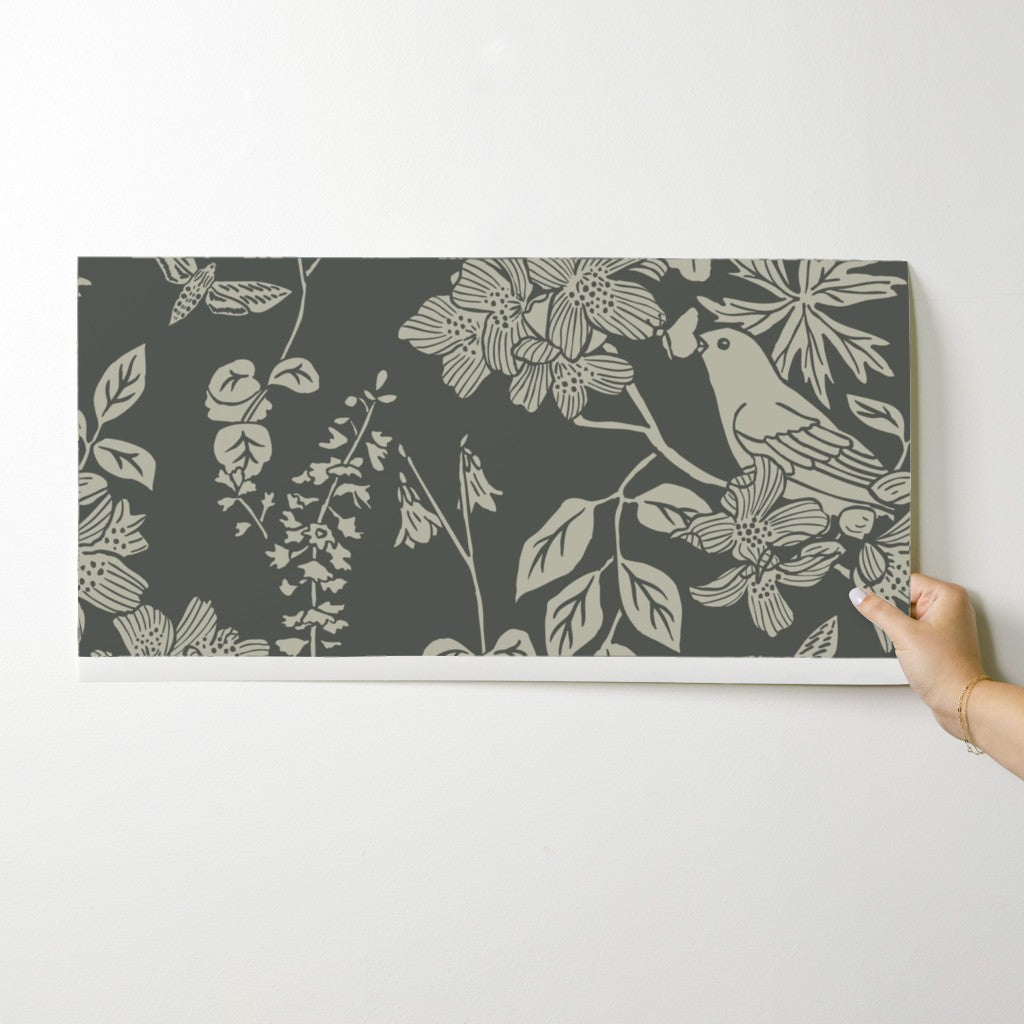 Western Birds and Flowers wallpaper swatch in Old Growth — moody green wallpaper by Pine + Feather Studio
