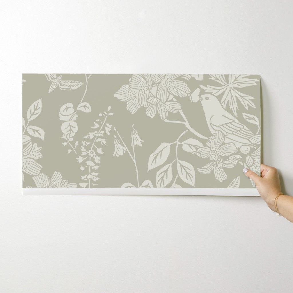 Western Birds and Flowers wallpaper swatch in Pale Rain — creamy white wallpaper by Pine + Feather Studio