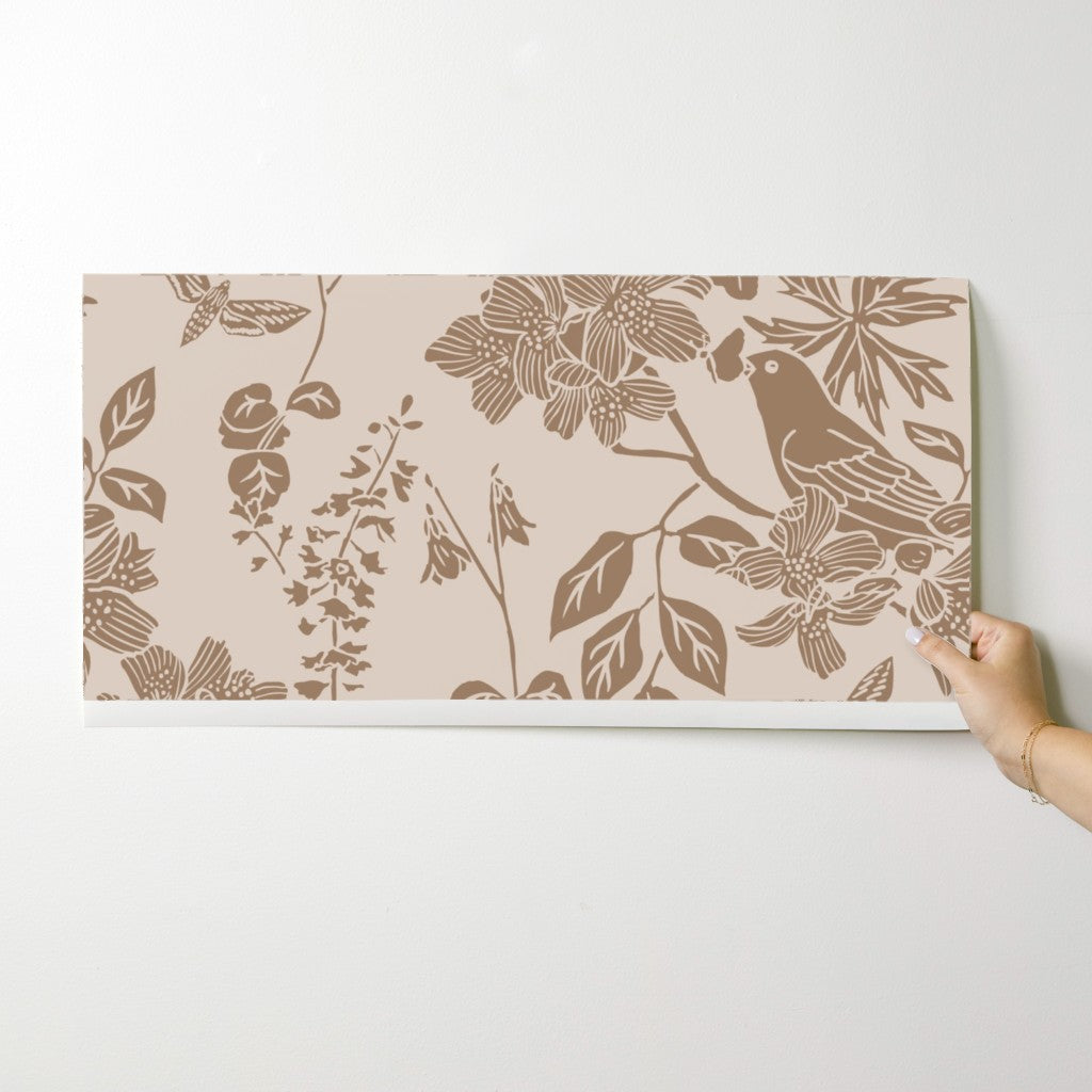 Western Birds and Flowers wallpaper swatch in Prairie Rose — blush pink wallpaper by Pine + Feather Studio