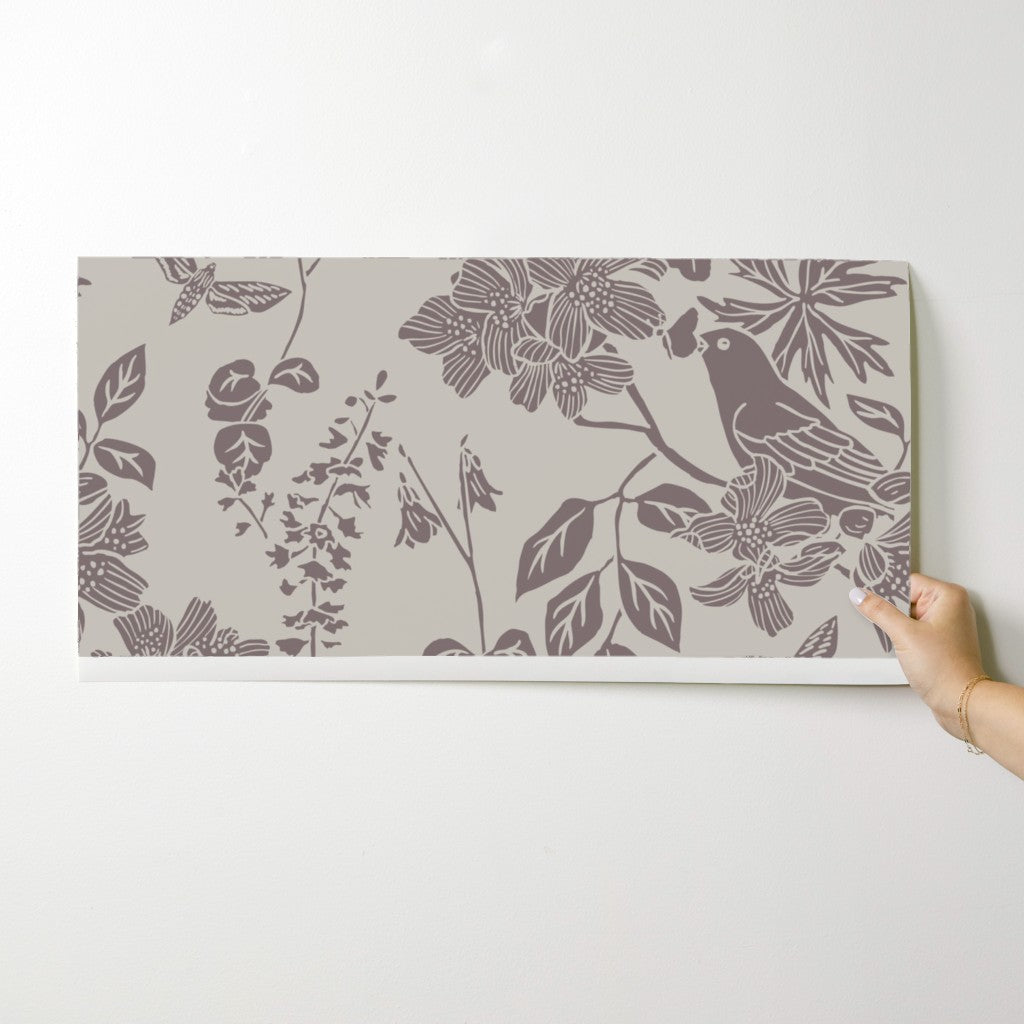 Western Birds and Flowers wallpaper swatch in River Slate — greige wallpaper by Pine + Feather Studio