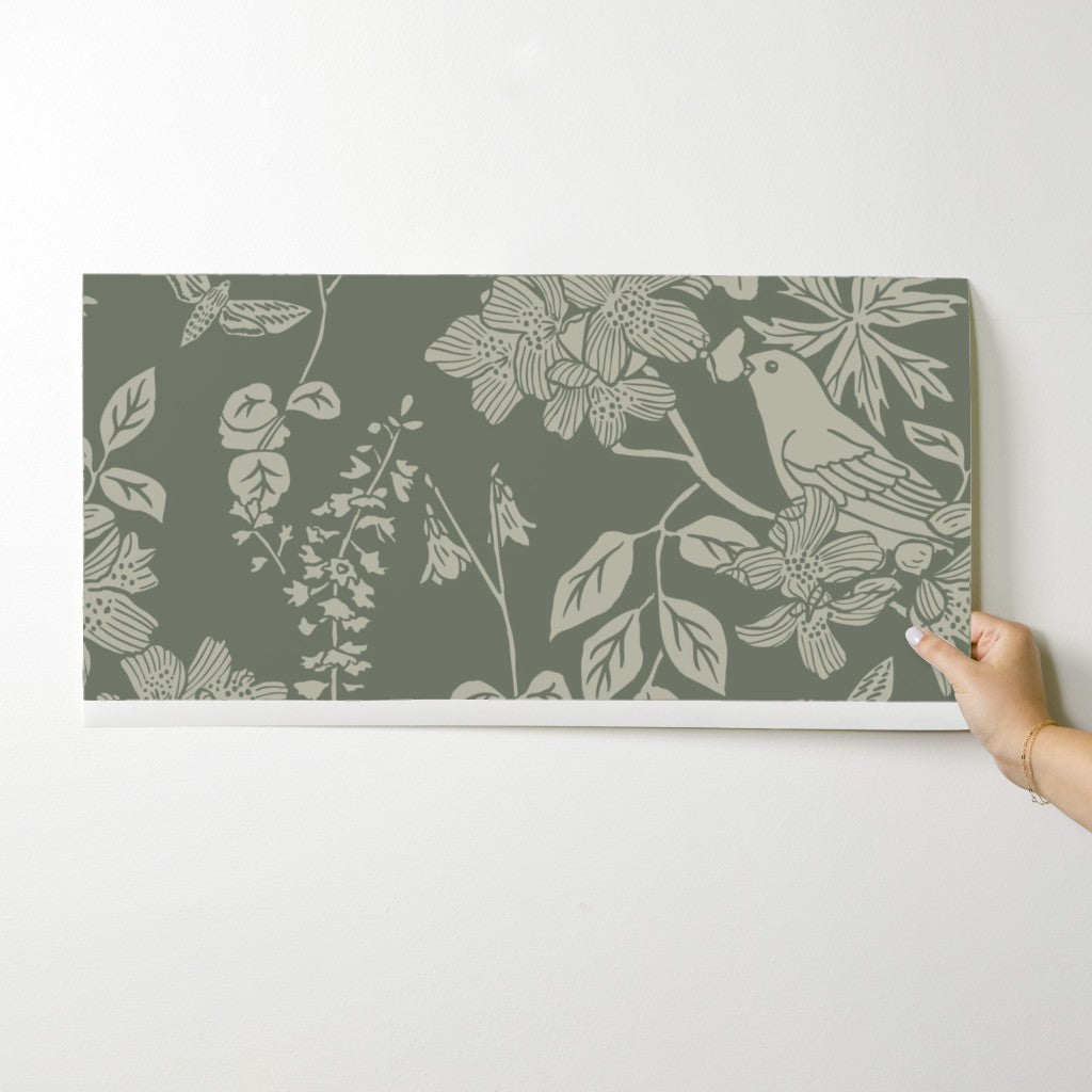 Western Birds and Flowers wallpaper swatch in Sage Hollow — sage green wallpaper by Pine + Feather Studio