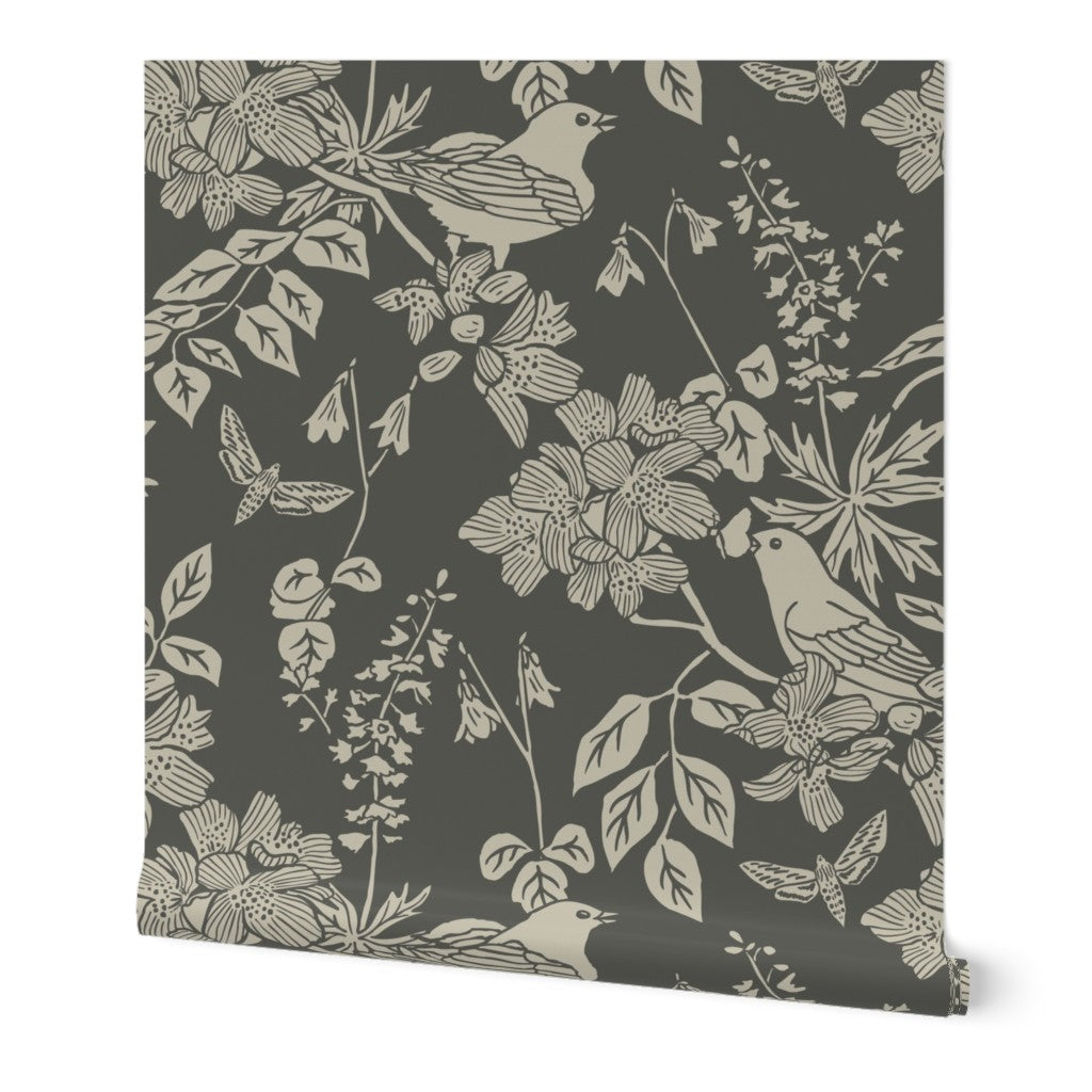 Western Birds and Flowers wallpaper roll in Old Growth — moody green wallpaper by Pine + Feather Studio