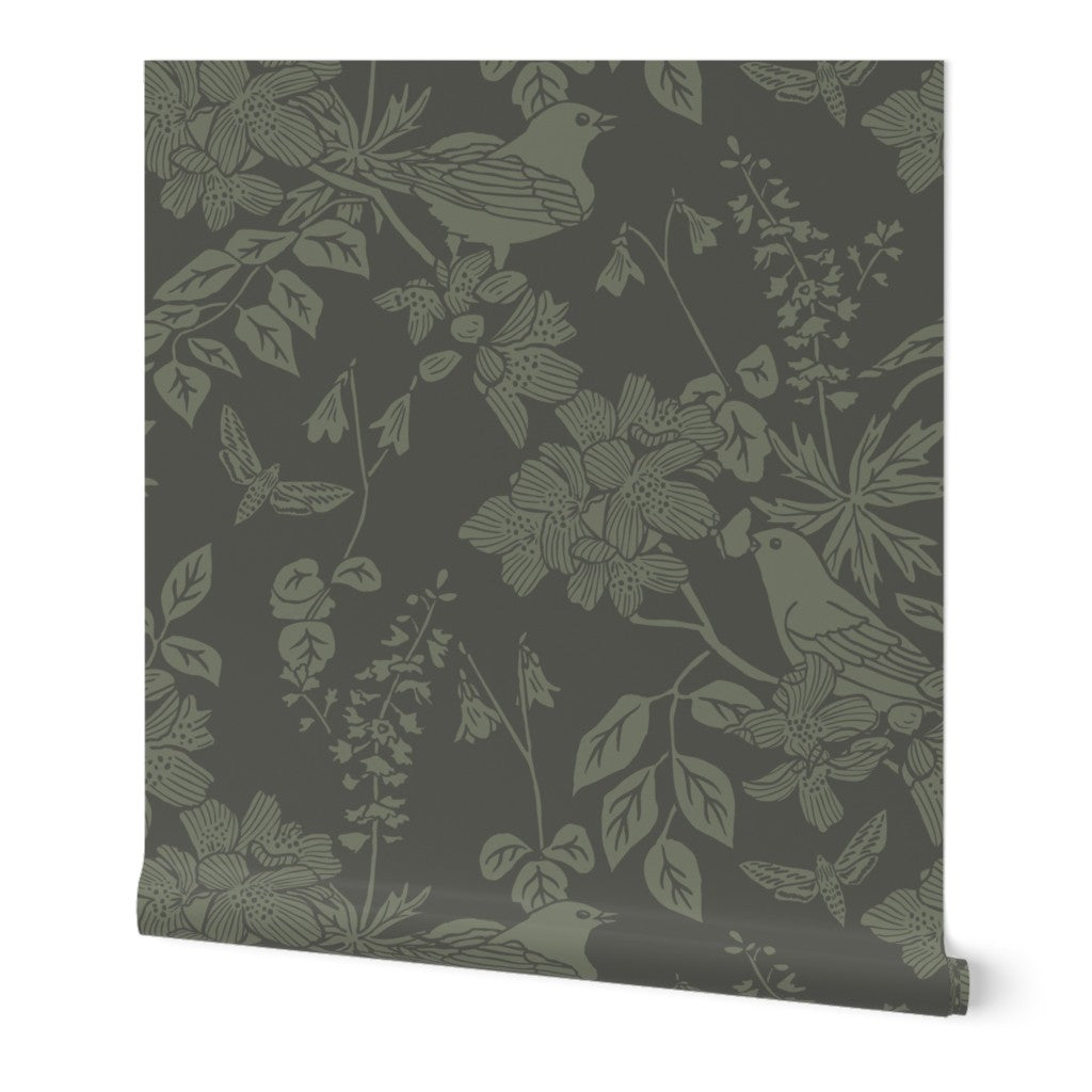 Western Birds and Flowers wallpaper roll in Pine Shadow — earthy green wallpaper by Pine + Feather Studio