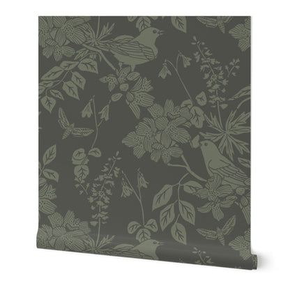 Western Birds and Flowers wallpaper roll in Pine Shadow — earthy green wallpaper by Pine + Feather Studio