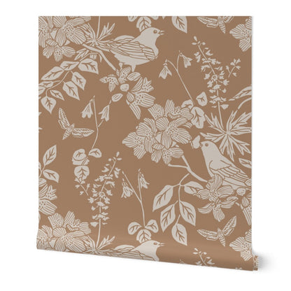 Western Birds and Flowers wallpaper roll in Harvest Fog — yellow tan wallpaper by Pine + Feather Studio