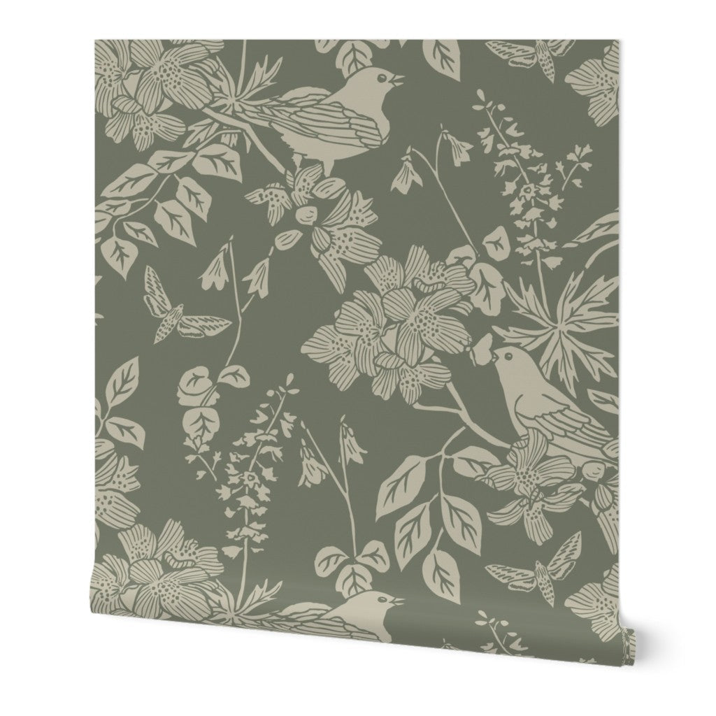 Western Birds and Flowers wallpaper roll in Sage Hollow — sage green wallpaper by Pine + Feather Studio