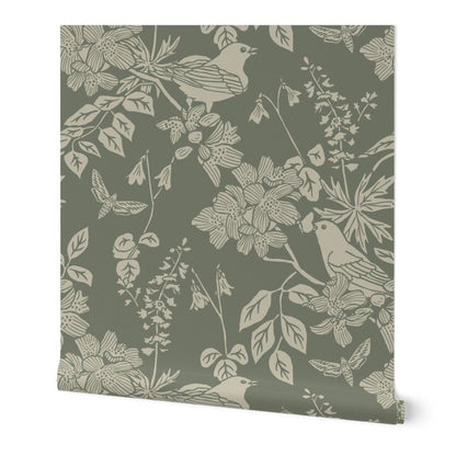 Western Birds and Flowers wallpaper roll in Sage Hollow — sage green wallpaper by Pine + Feather Studio