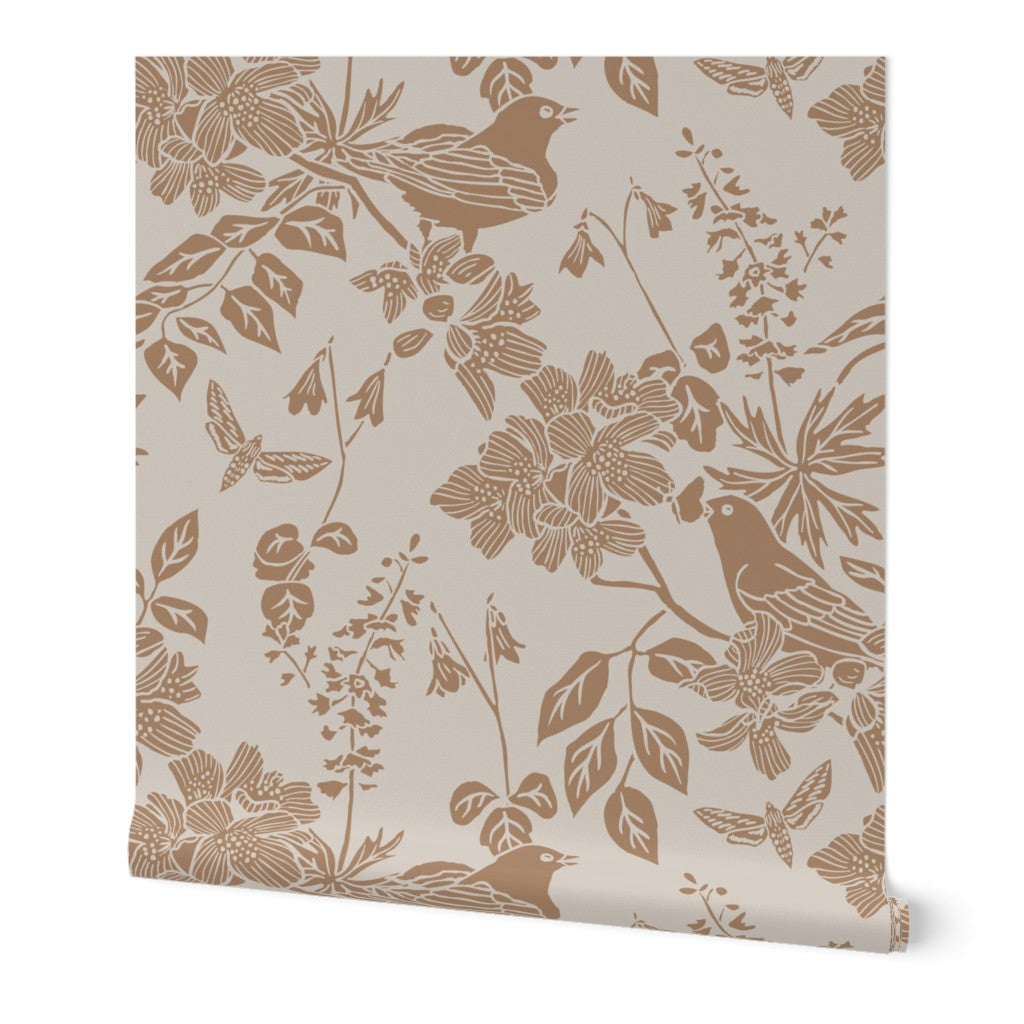 Western Birds and Flowers wallpaper roll in Morning Tide — seafoam wallpaper by Pine + Feather Studio