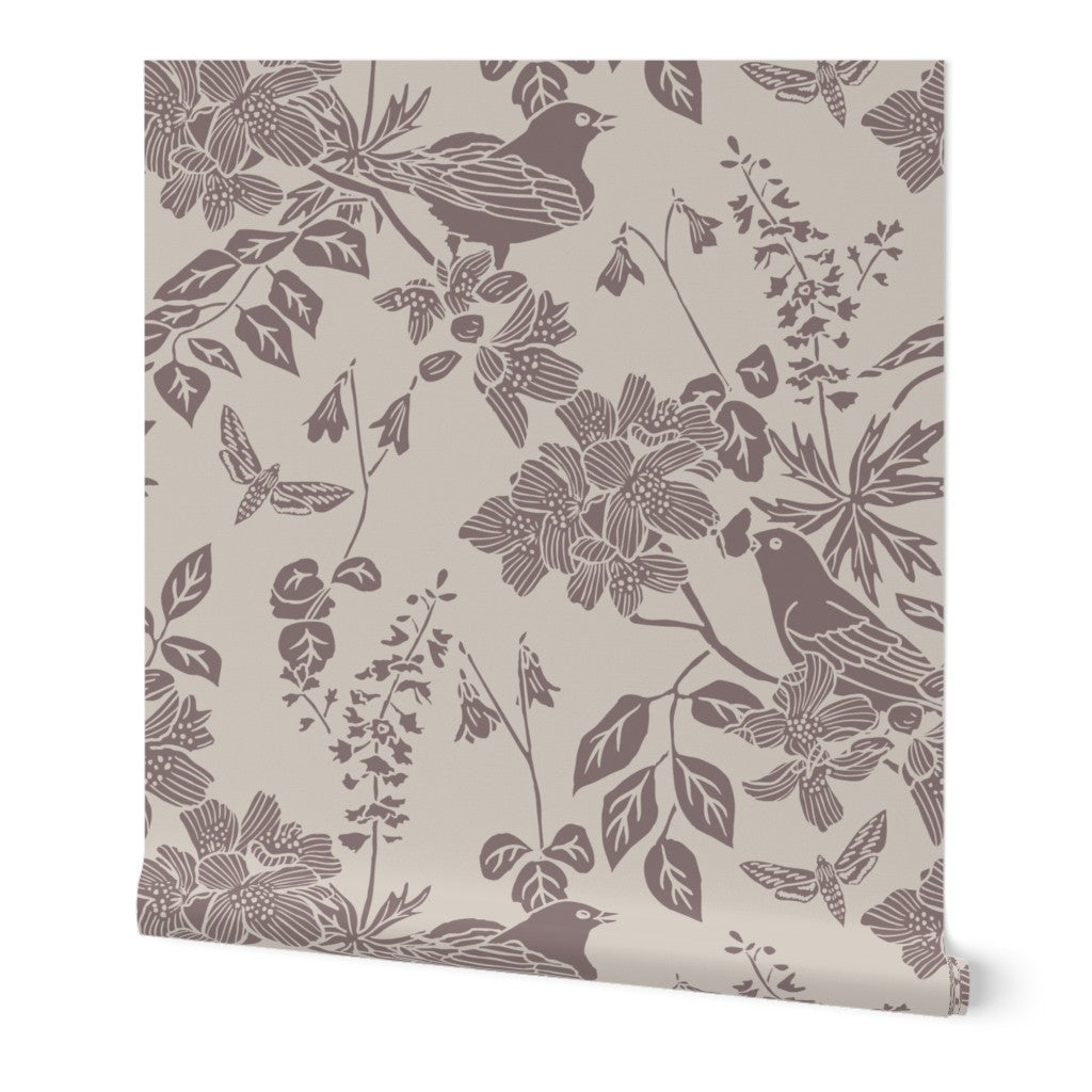 Western Birds and Flowers wallpaper in River Slate — greige wallpaper roll by Pine + Feather Studio