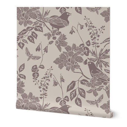Western Birds and Flowers wallpaper in River Slate — greige wallpaper roll by Pine + Feather Studio