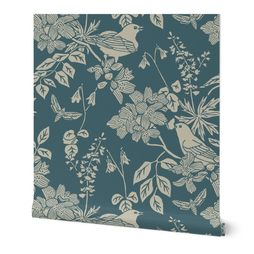 Western Birds and Flowers wallpaper roll in Jewel Canyon — dark teal wallpaper by Pine + Feather Studio