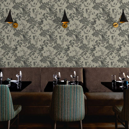 Western Birds and Flowers wallpaper in Forest Rain styled in a hospitality restaurant interior — green gray wallpaper by Pine + Feather Studio