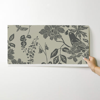 Western Birds and Flowers wallpaper swatch in Forest Rain — green gray wallpaper by Pine + Feather Studio