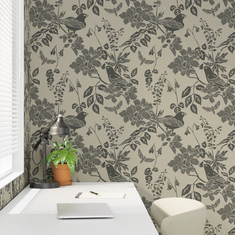 Western Birds and Flowers wallpaper in Forest Rain styled in an office interior — green gray wallpaper by Pine + Feather Studio