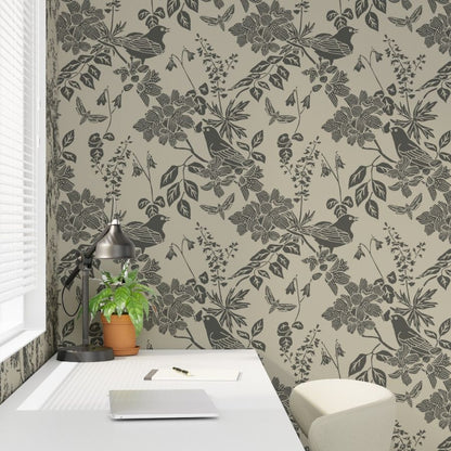 Western Birds and Flowers wallpaper in Forest Rain styled in an office interior — green gray wallpaper by Pine + Feather Studio