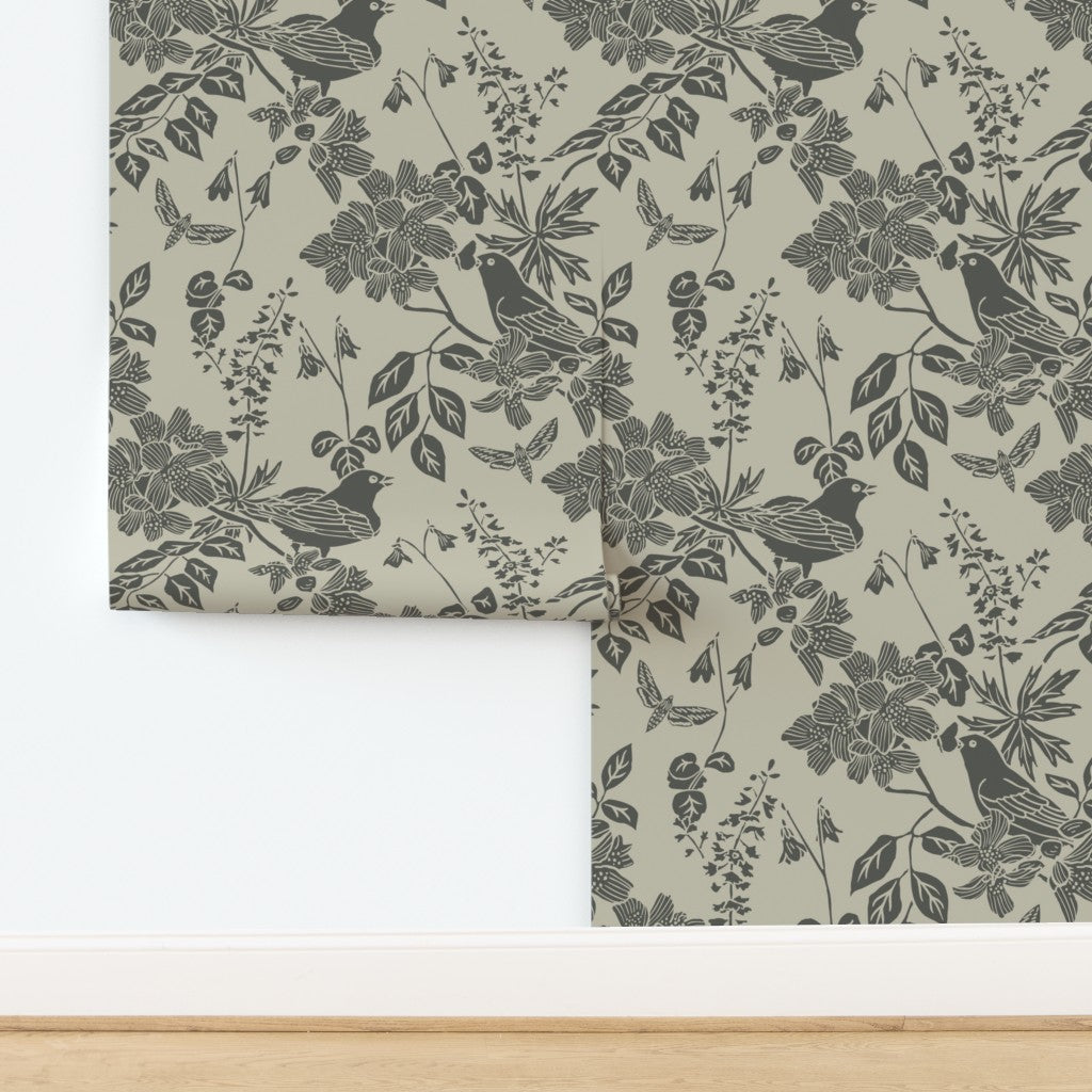 Western Birds and Flowers wallpaper in Forest Rain — green gray wallpaper by Pine + Feather Studio