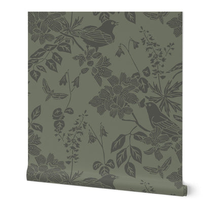 Western Birds and Flowers wallpaper roll in Deep Moss — arts and crafts bird wallpaper by Pine + Feather Studio
