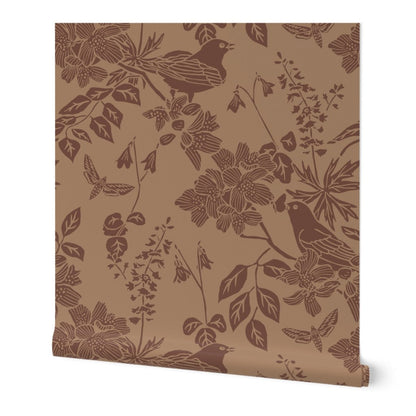 Western Birds and Flowers wallpaper roll in Buckskin — saddle brown wallpaper by Pine + Feather Studio