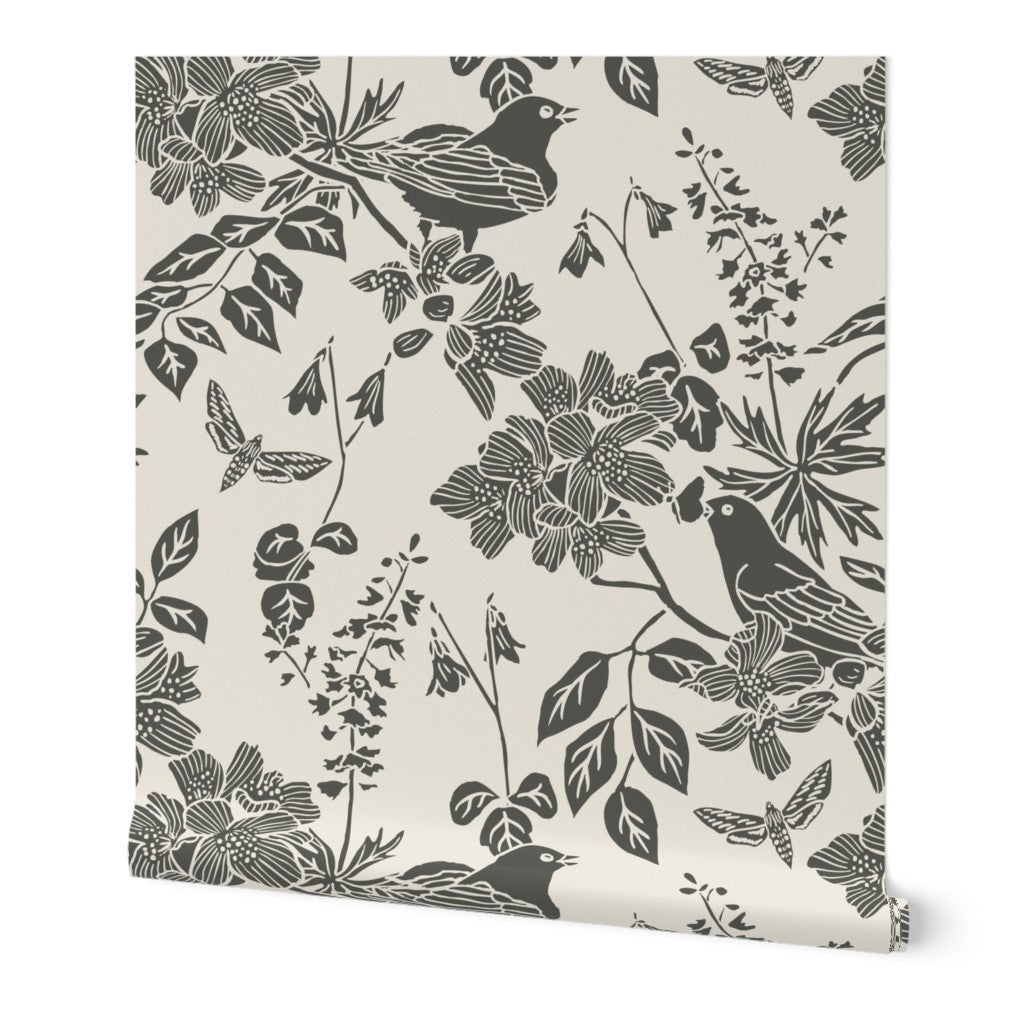 Western Birds and Flowers wallpaper roll in Winter Moss — parchment wallpaper by Pine + Feather Studio