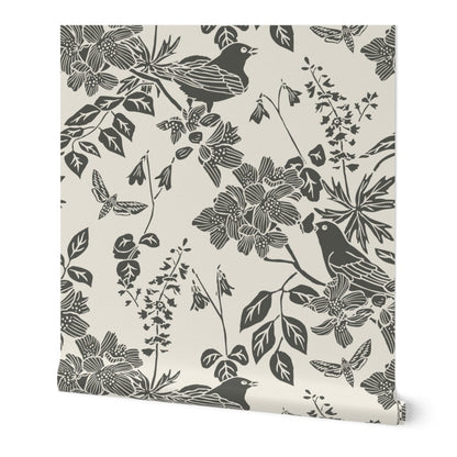 Western Birds and Flowers wallpaper roll in Winter Moss — parchment wallpaper by Pine + Feather Studio