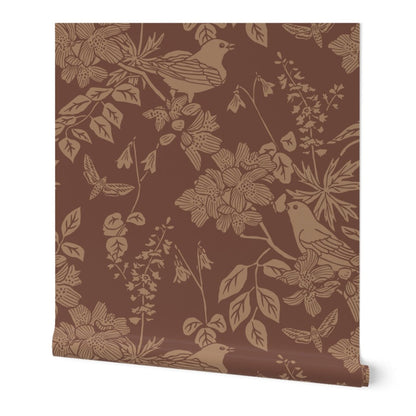 Western Birds and Flowers wallpaper roll in Saddle — leather brown wallpaper by Pine + Feather Studio