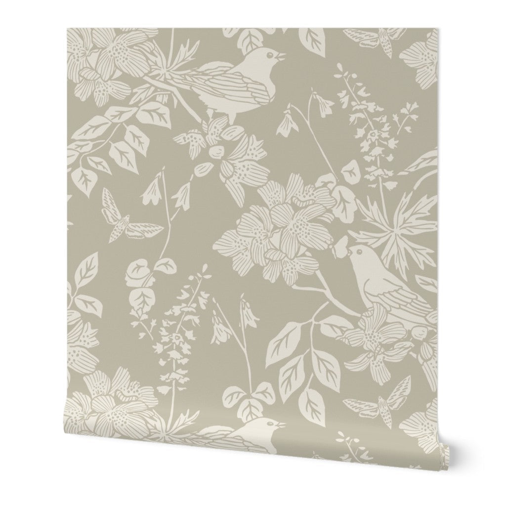 Western Birds and Flowers wallpaper roll in Pale Rain — creamy white wallpaper by Pine + Feather Studio