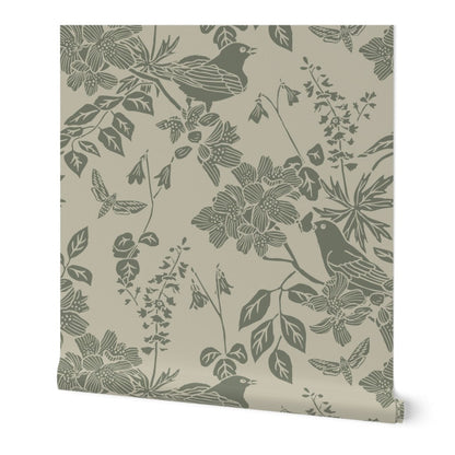 Western Birds and Flowers wallpaper roll in Fern Mist — rosepine wallpaper by Pine + Feather Studio