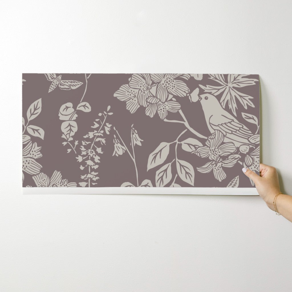 Western Birds and Flowers wallpaper swatch in Autumn Dusk — vintage bird wallpaper by Pine + Feather Studio