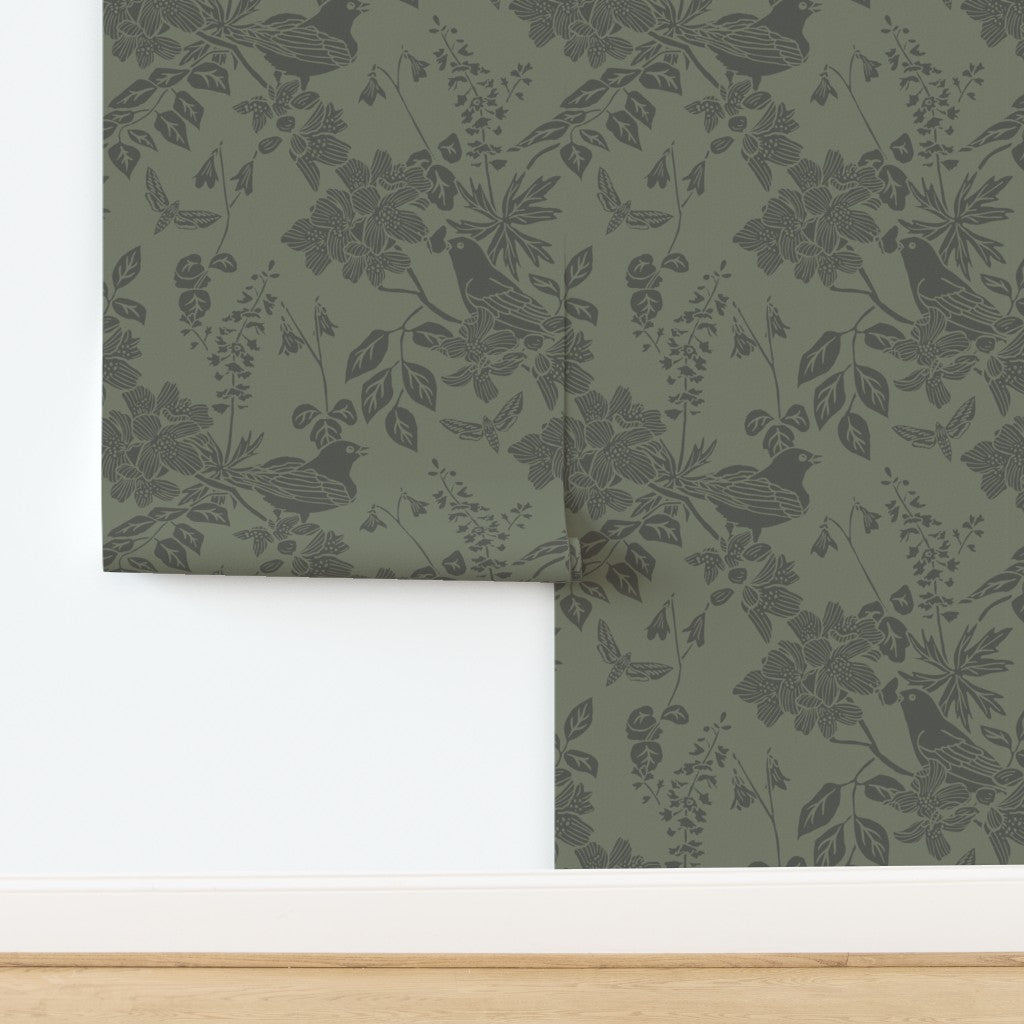 Western Birds and Flowers wallpaper in Deep Moss — arts and crafts bird wallpaper by Pine + Feather Studio