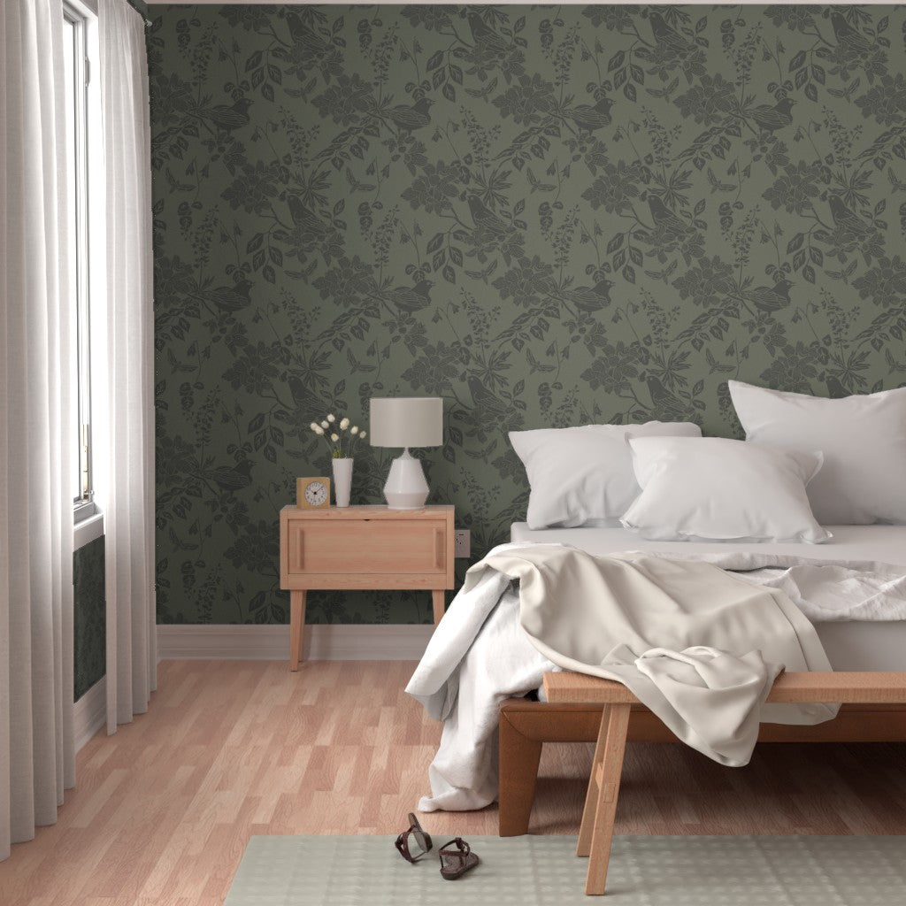 Western Birds and Flowers wallpaper in Deep Moss styled in a bedroom interior — arts and crafts bird wallpaper by Pine + Feather Studio