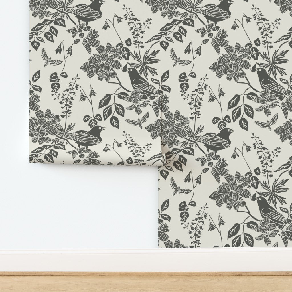 Western Birds and Flowers wallpaper in Winter Moss — parchment wallpaper by Pine + Feather Studio