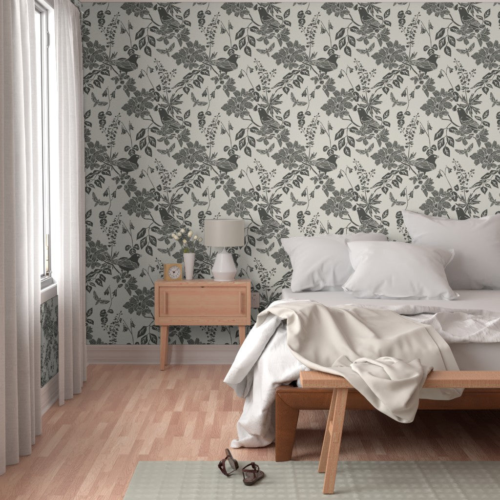 Western Birds and Flowers wallpaper in Winter Moss styled in a bedroom interior — parchment wallpaper by Pine + Feather Studio