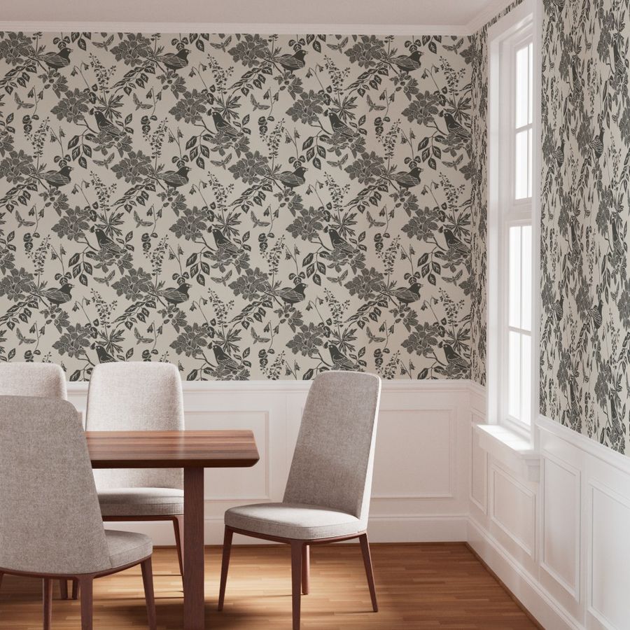 Western Birds and Flowers wallpaper in Winter Moss styled in a dining room interior — parchment wallpaper by Pine + Feather Studio