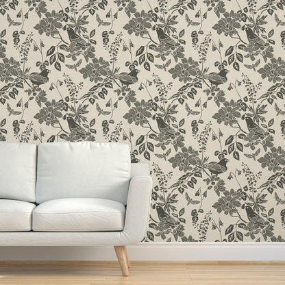 Western Birds and Flowers wallpaper in Winter Moss styled in a living room interior — parchment wallpaper by Pine + Feather Studio