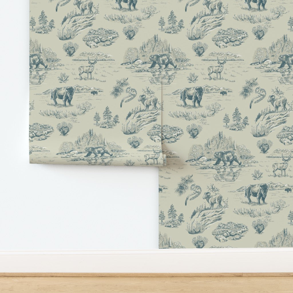 Wild Yellowstone Toile wallpaper in Clear River — yellowstone wallpaper by Pine + Feather Studio