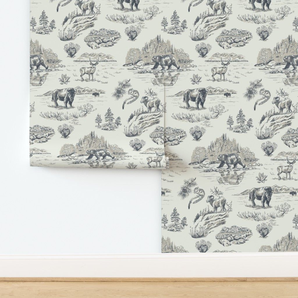 Wild Yellowstone Toile wallpaper in Gallatin Blue — yellowstone wallpaper by Pine + Feather Studio