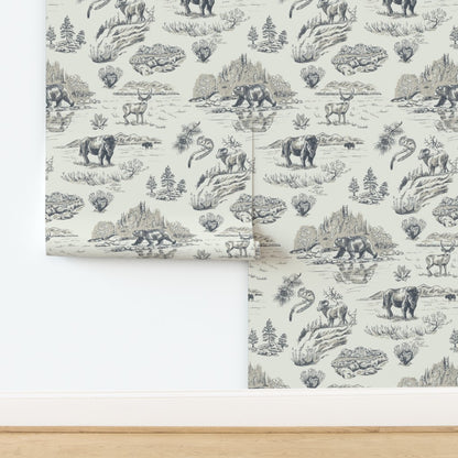 Wild Yellowstone Toile wallpaper in Gallatin Blue — yellowstone wallpaper by Pine + Feather Studio