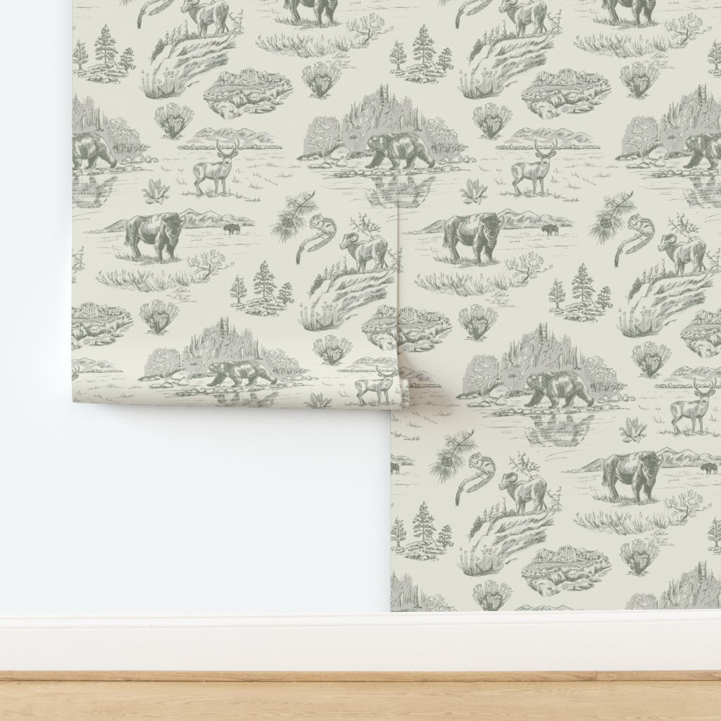 Wild Yellowstone Toile wallpaper in Sage Flats — sage green yellowstone wallpaper by Pine + Feather Studio